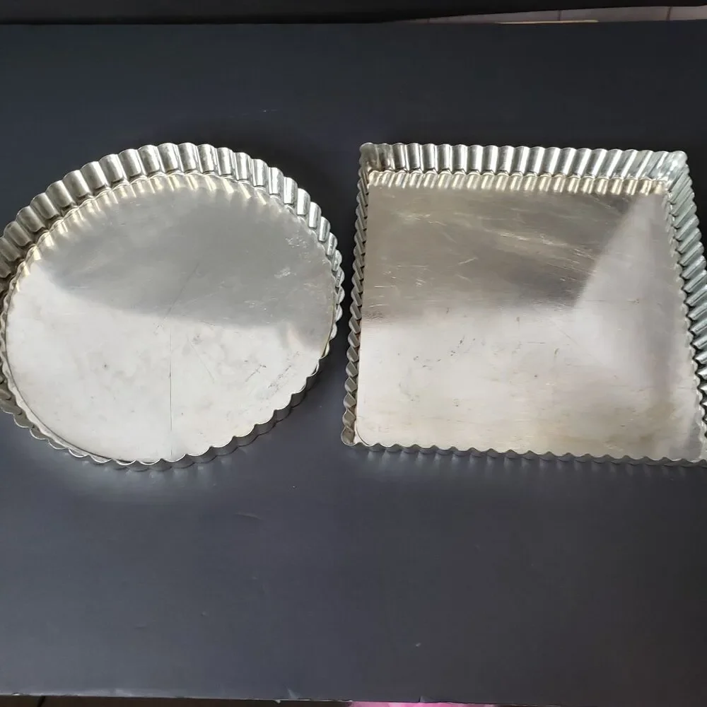 Vintage French Style Tinned Steel Tart Pans Lot Round & Square 2-Piece Set Tin